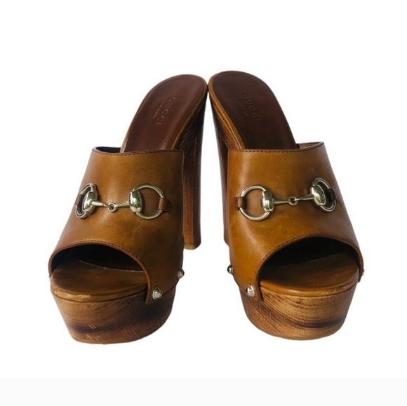 Gucci Cognac Morena Horsebit Studded Leather Clog Wooden Heel Sandal Size 8 - Picture 11 of 13